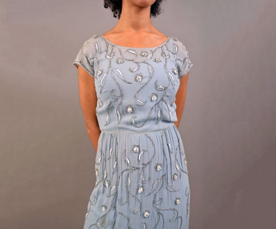 Vintage 60's Beaded Silk Dress light Blue 1960s c… - image 8