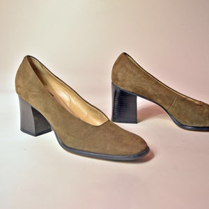 vintage 90s suede heels minimalist olive green black wood stack heel 1990s Nine West neutral minimalism chic shoes 8 8.5 image 1