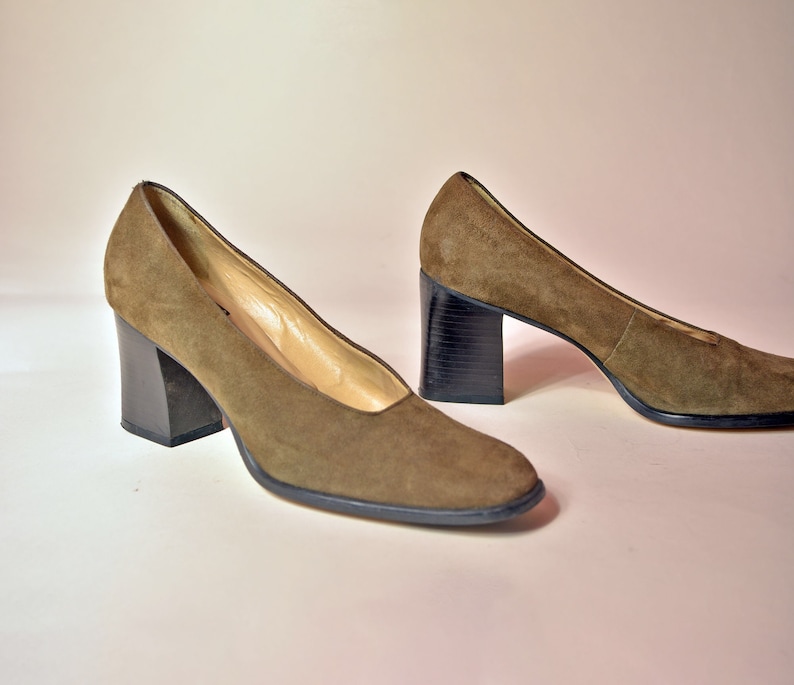 vintage 90s suede heels minimalist olive green black wood stack heel 1990s Nine West neutral minimalism chic shoes 8 8.5 image 1