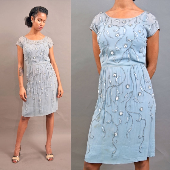 Vintage 60's Beaded Silk Dress light Blue 1960s c… - image 1