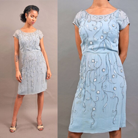 Vintage 60's Beaded Silk Dress light Blue 1960s c… - image 1