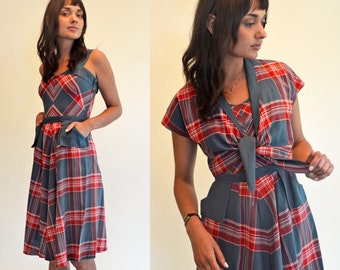 vintage 50s plaid dress + jacket 1950s red green halter sundress pin up wiggle 60s 1960s full skirt tie jacket xs/s