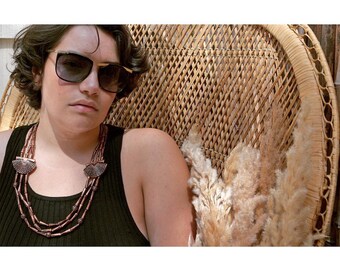 vintage 80s dark copper beaded Shells boho statement artisan 70s boho bib necklace