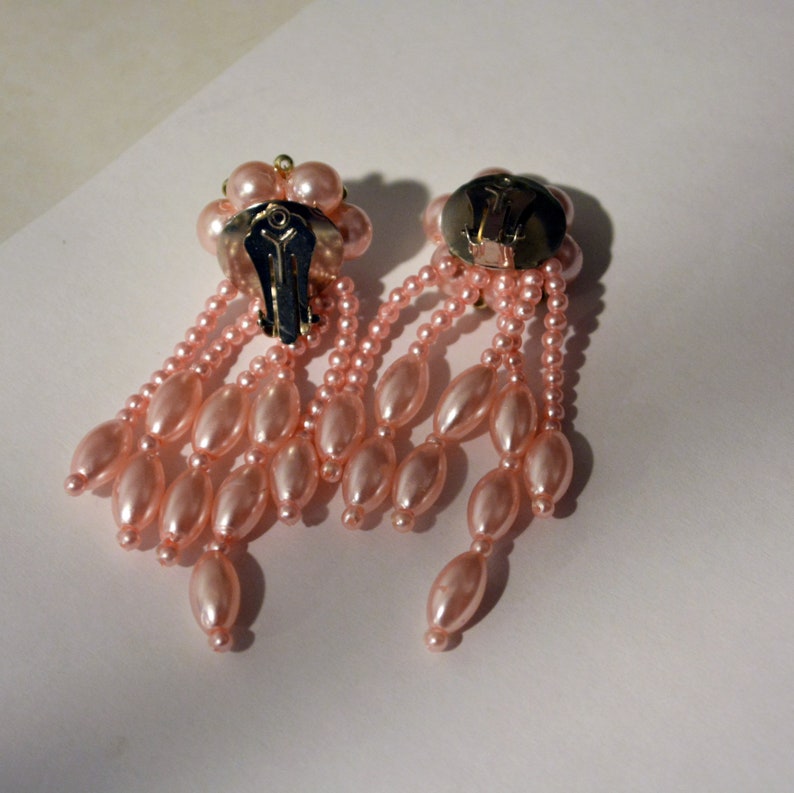 vintage 80s new wave blush pearl earrings long Earring chandelier jewels ott 1980s long beads beaded earring Statement handmade pink clip on image 8