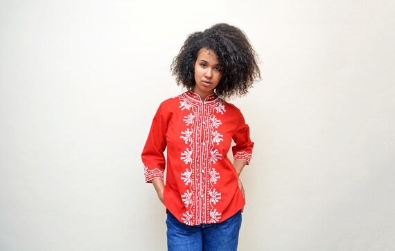 vintage 60s embroidered red blouse 70s Hawaiian e… - image 4