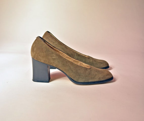 vintage 90s suede heels minimalist olive green bl… - image 6