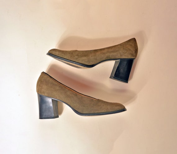 vintage 90s suede heels minimalist olive green bl… - image 8