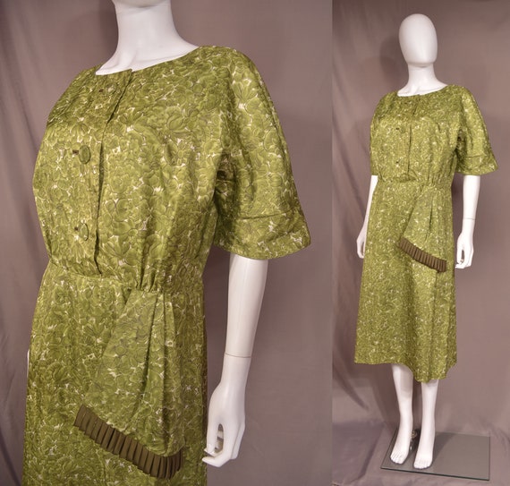Vintage 50s Day Dress 1950s Leaf Floral Nature Print Midi Casual Midcentury  Mcm Sundress Tea Dress Green 1940s 40s L/XL Large Extra-large 