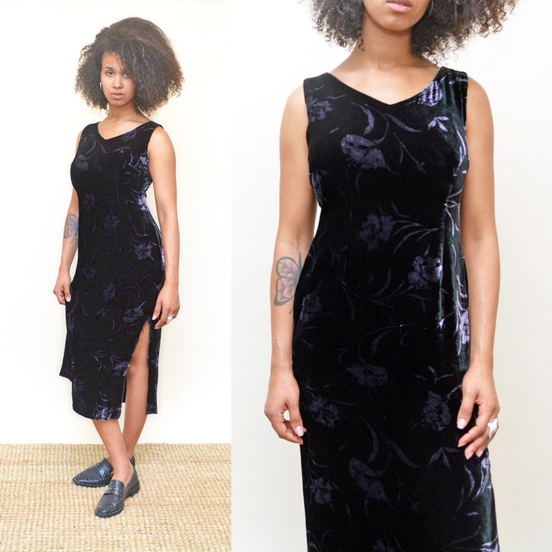 vintage 90s velvet dress 1990s tank party lbd cocktail holiday 1990's midi deep slit 90's boho romantic floral flowers purple s/m image 2