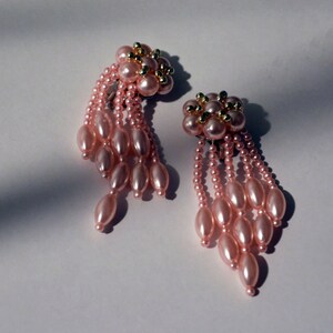 vintage 80s new wave blush pearl earrings long Earring chandelier jewels ott 1980s long beads beaded earring Statement handmade pink clip on image 4