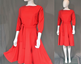 vintage 50s handmade dress 1950s cherry red peplum full circle skirt holiday party 1960s 60s short S small