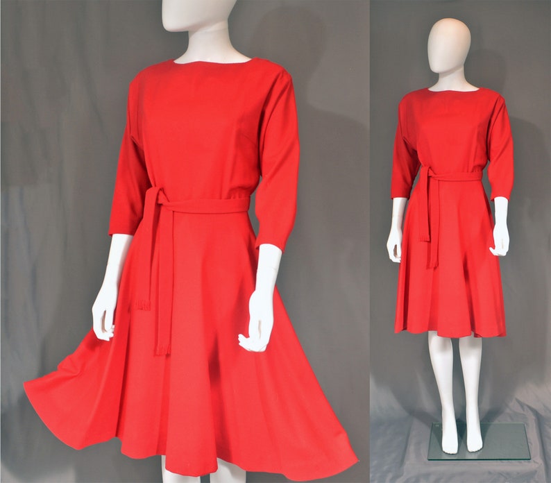 vintage 50s handmade dress 1950s cherry red peplum full circle skirt holiday party 1960s 60s short S small image 1