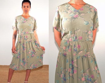 vintage 90s floral drop waist dress sage green rose print midi sundress sundress 1990s s/m