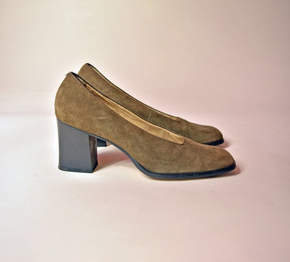 vintage 90s suede heels minimalist olive green bl… - image 9