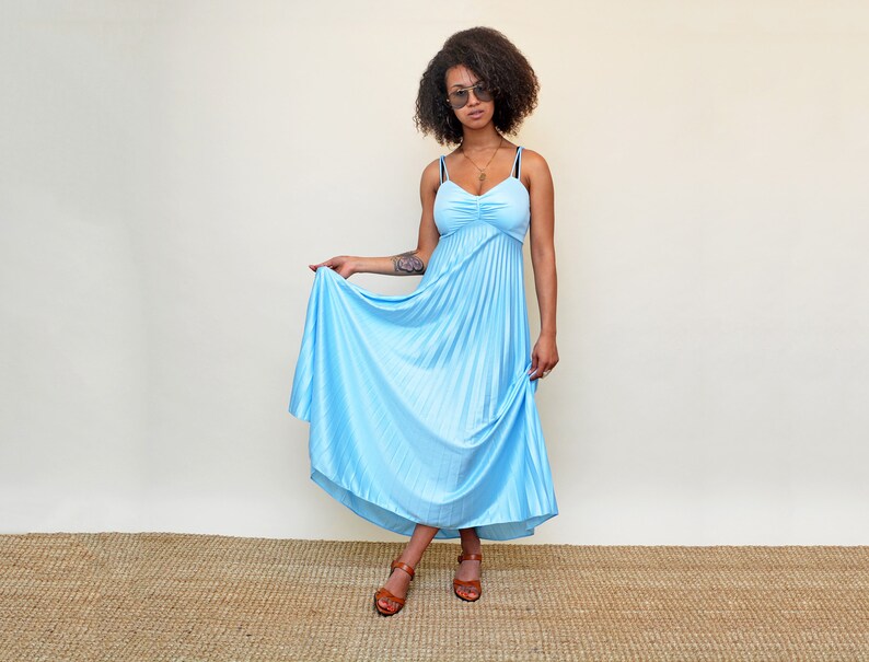 vintage baby blue 70s disco dress long maxi pleated pleats 1970s full skirt dancing sundress holiday party boho
