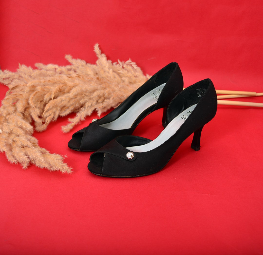 Vintage 90s Black Peep Toe Heels: Rhinestone D'orsay Pumps
