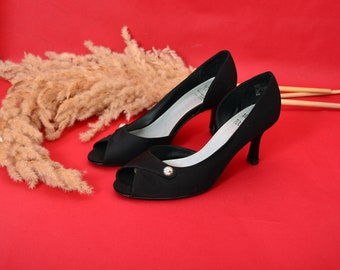Vintage 90s Black Peep Toe Heels: Rhinestone D&#39;Orsay Pumps, Size 8M