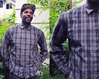 vintage 90's plaid shirt grey + black casual 1990s grunge menswear tomboy unisex button up top soft oxford classic soft worn small