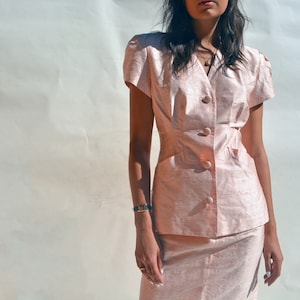 vintage 80s pink silk suit two piece pencil skirt pink 1980s puff sleeve blazer S