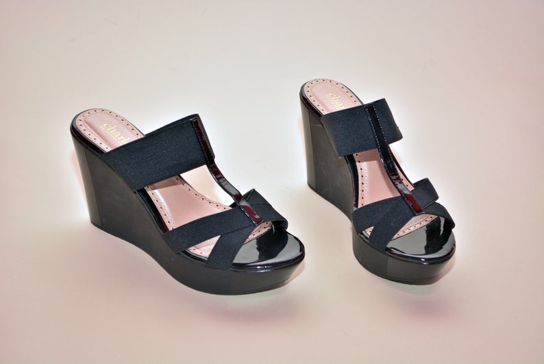 vintage 90s platforms sandals black Heels 1990's MINIMALIST tall heel 1990s vegan charles david wedges 90s shoes 7 7.5 image 9