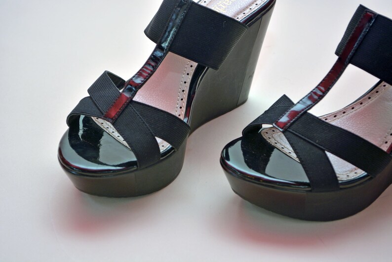 vintage 90s platforms sandals black Heels 1990's MINIMALIST tall heel 1990s vegan charles david wedges 90s shoes 7 7.5 image 3