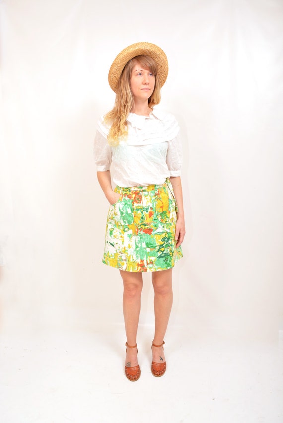 vintage 60s 70s MOD boho Mini Skirt Paint Splatte… - image 2