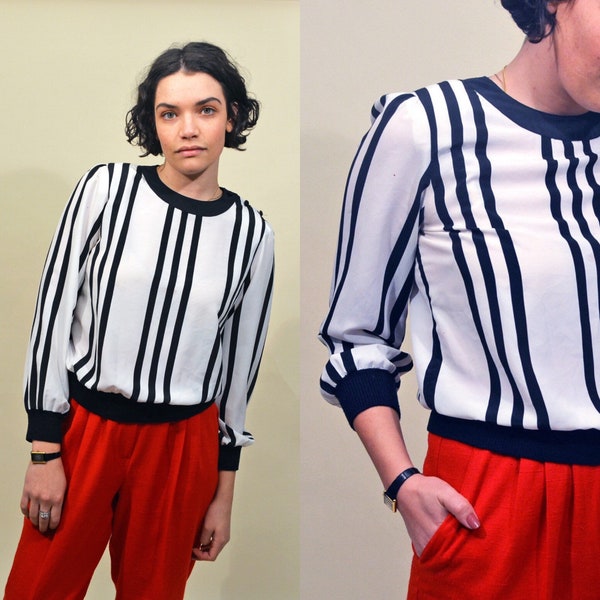 vintage 80s striped blouse 1990s blouson stripes avant-garde chic top button 1980s 90s puff sleeve shirt top