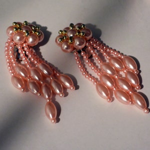 vintage 80s new wave blush pearl earrings long Earring chandelier jewels ott 1980s long beads beaded earring Statement handmade pink clip on image 5