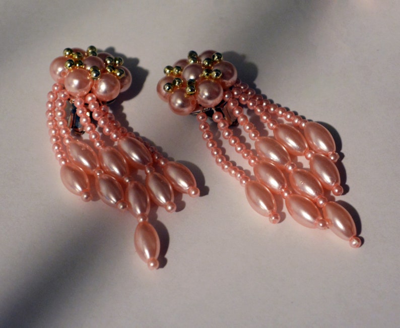 vintage 80s new wave blush pearl earrings long Earring chandelier jewels ott 1980s long beads beaded earring Statement handmade pink clip on image 5