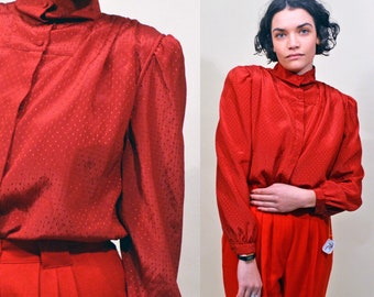 vintage 70s deadstock red blouse puff sleeves victorian button shirt 1970s slim fit bohemian classic chic soft shirt top s/m