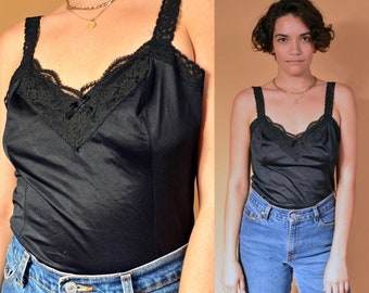 vintage 70s black lace slip tank top 1970s sexy casual minimalist wide straps summer lingerie lace s/m