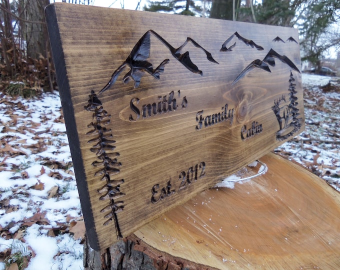 Personalized Cabin Sign, Family Last Name, Welcome sign, Pine Tree & Elk Wooden Sign, wood carved signs wood carving gift