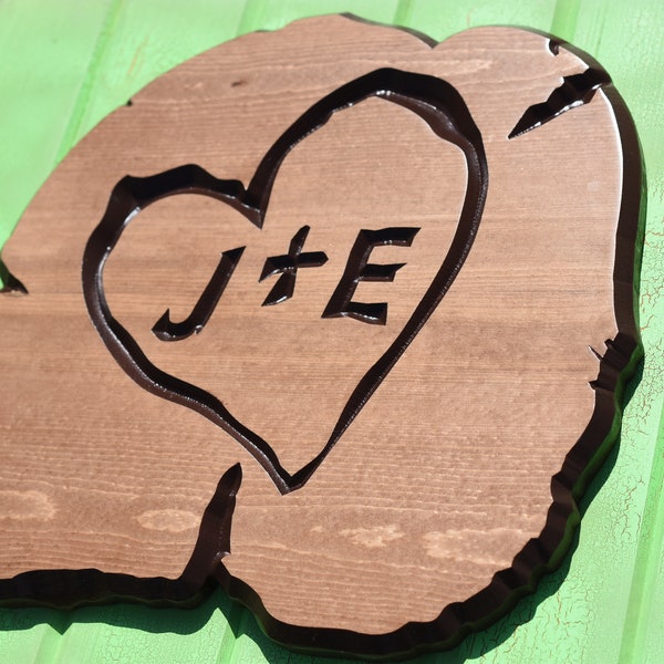 home decor great outdoor decor that is wood carved to look like log slice.  Tree carved initials family's tree or his and hers