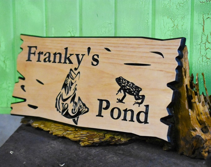 Bass fishing pond, frogs pond, yard pond sign, personalized sign, wooden sign, outdoor sign, wood carved sign, Best outdoor sign, wood sign