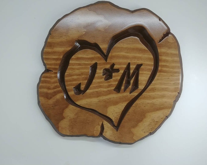 valentines day, for him, for her, log slice, wooden signs, family last name, personalized sign,tree carving sign,heart initials tree caving
