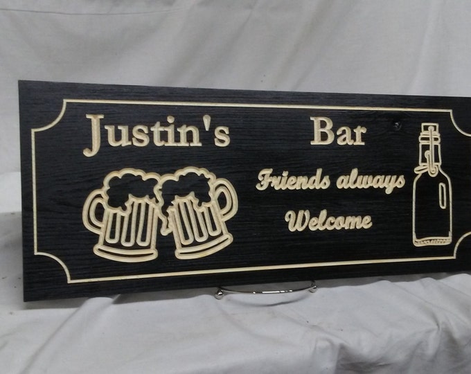 Personalized home Bar sign that's carved in wood with beer mugs and bottle. Handmade and custom made to order.