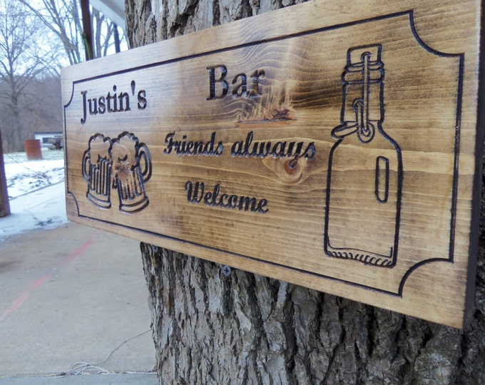 Personalized home Bar sign that's carved in wood with beer mugs and bottle. Handmade and custom made to order.