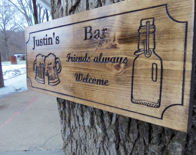 Personalized home Bar sign that's carved in wood with beer mugs and bottle. Handmade and custom made to order.