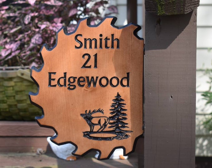 Saw blade address sign, outdoor home decor, outdoor plaque, unique address sign, hand painted decor, best house decor, wood carved engraved