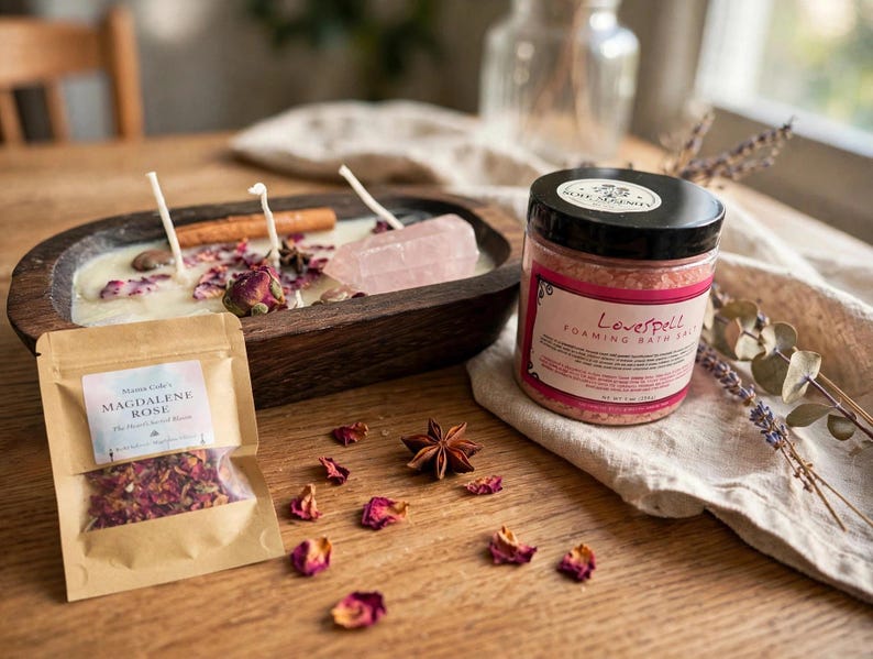 Puede incluir: Una vela en cuenco de madera con tres mechas, p&eacute;talos de rosa, una rama de canela y un cristal de cuarzo rosa. Junto a ella hay un tarro de sales de ba&ntilde;o espumosas Lovespell y una peque&ntilde;a bolsa etiquetada Magdalene Rose con p&eacute;talos secos.