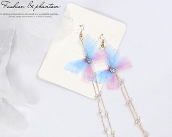 Boucles d’oreilles papillon avec chaîne en or, sonneries papillon, papillon bleu, boucles d’oreilles avec papillon, papillon violet, papillon, papillon de soie