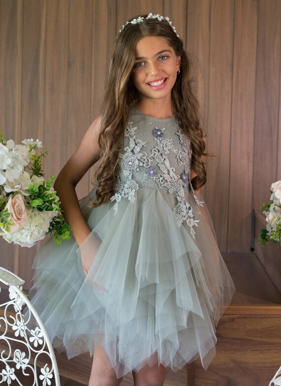 grey lace flower girl dress