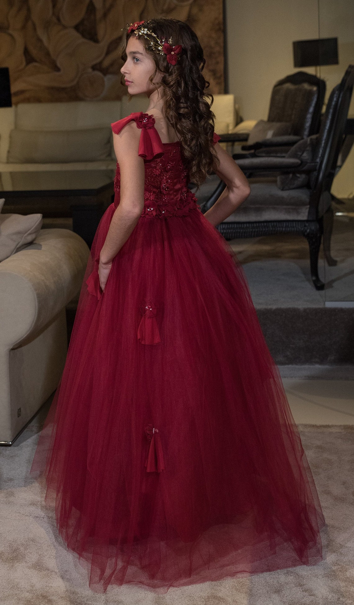 Burgundy Dress Princess Dress Lace Dress Flower Girl Dress Etsy