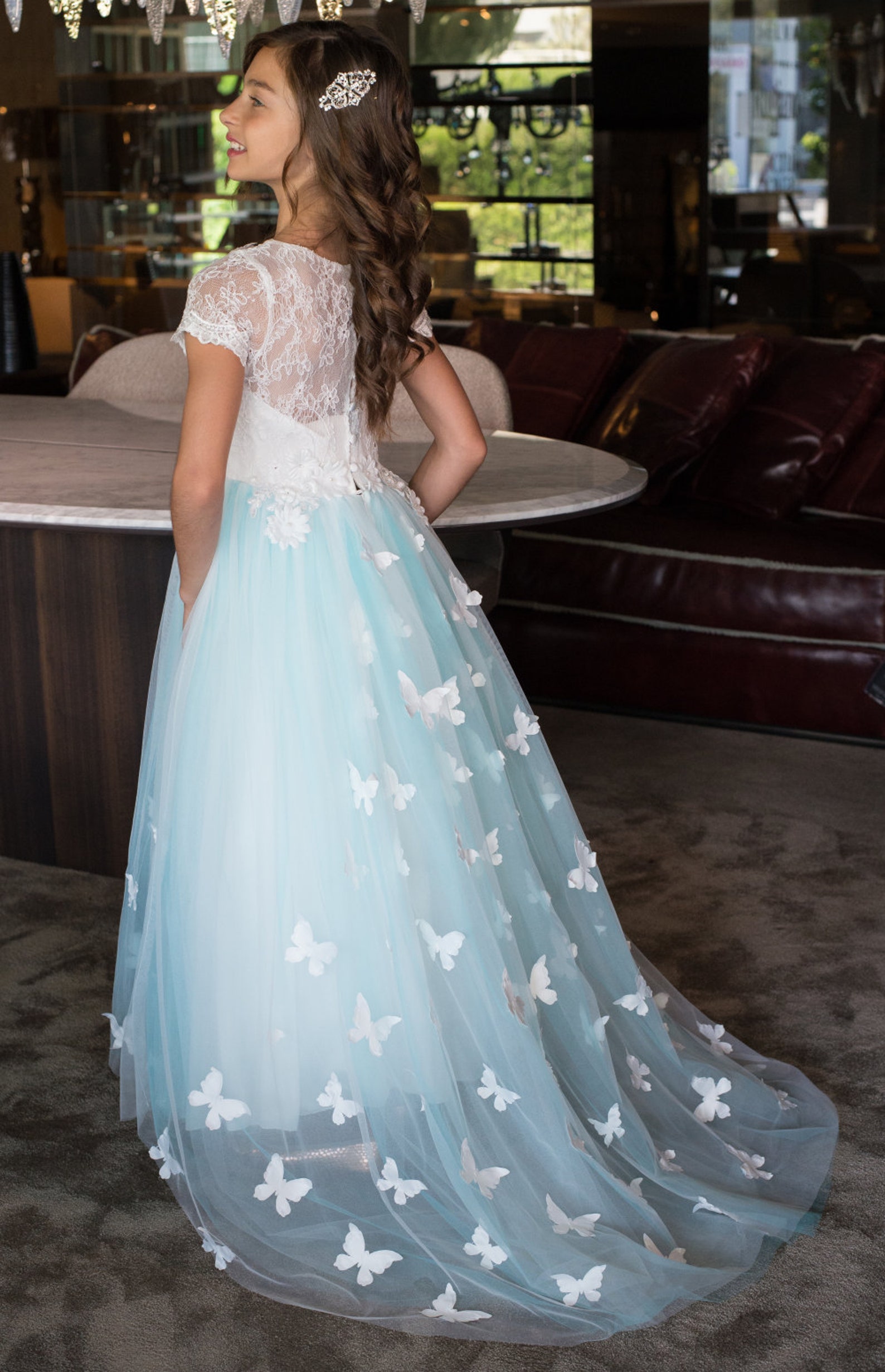 Lace Dress Butterfly Dress Blue Butterfly Dress Flower Girl Etsy