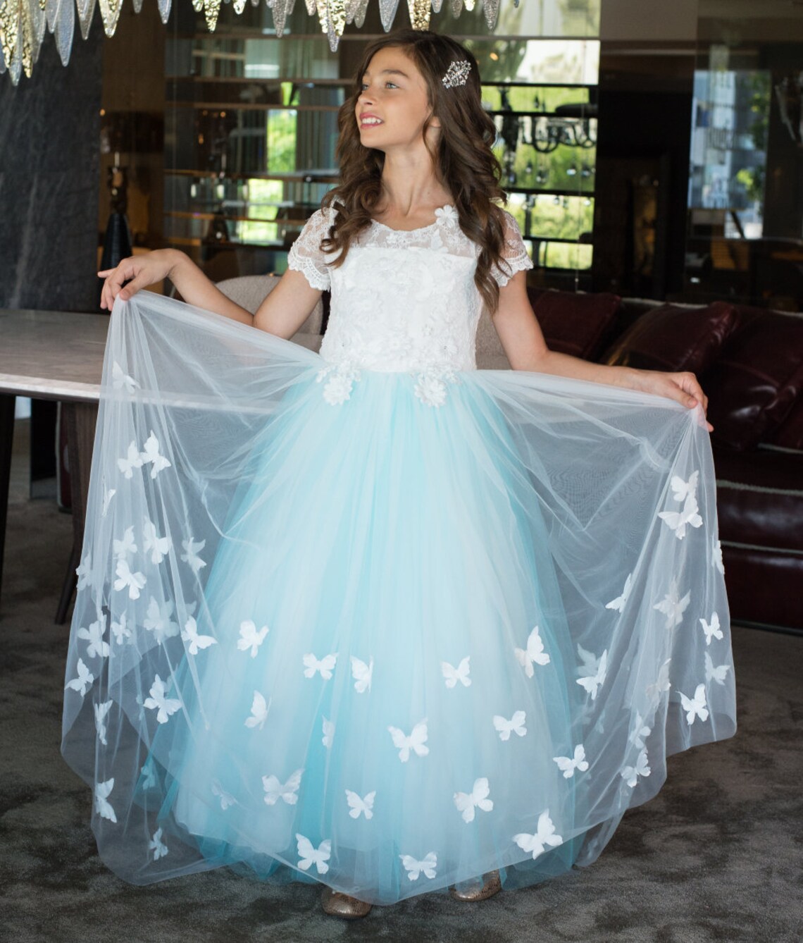 Lace Dress Butterfly Dress Blue Butterfly Dress Flower Girl Etsy