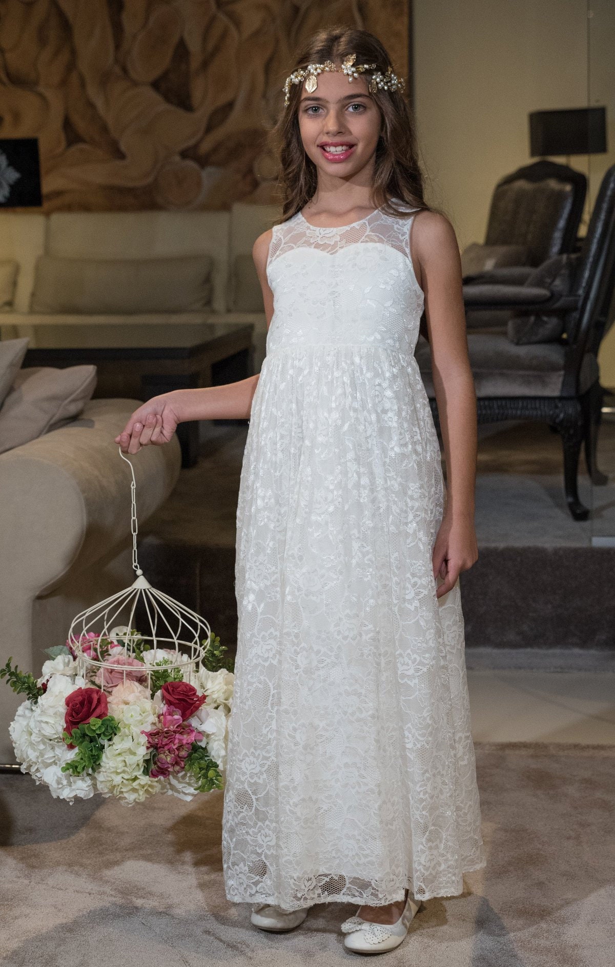 Robe de première communion, robe de dentelle, robe de fille de fleur, robe de dentelle de pays