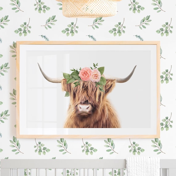 Highland Cow With Flower Crown, Highland Cow Print, Girl Nursery Prints, Highland Cow Flower Crown Cow Print, Highland Cow Nursery Wall Art