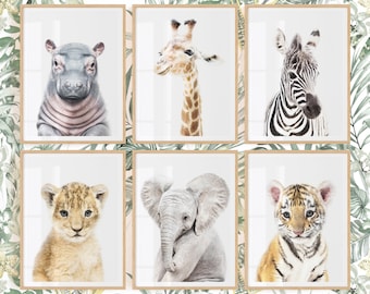 Safari Animals Nursery Prints, Digital Download, Neutral Nursery Prints, Set of 6 Nursery Animals, Safari Nursery Decor, Set of 6 Animals