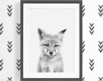 Woodland Baby Animal Nursery Print Download - Black And White Fox Printable - Nursery Fox Art - Woodland Animal Art - Baby Fox Wall Art