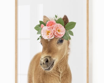 Pony With Flowers Wall Art - Printable Horse Art for Girl Nursery